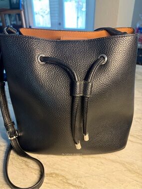 Calvin Klein Black Pebbled Leather Drawstring Crossbody with Tan Interior